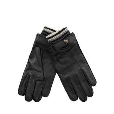 Black leather touch screen knitted cuff gloves